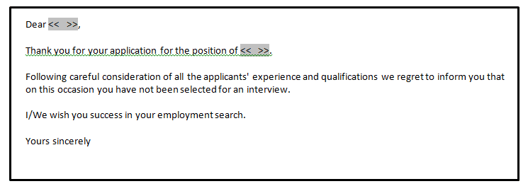Letter to unsuccessful applicant for job